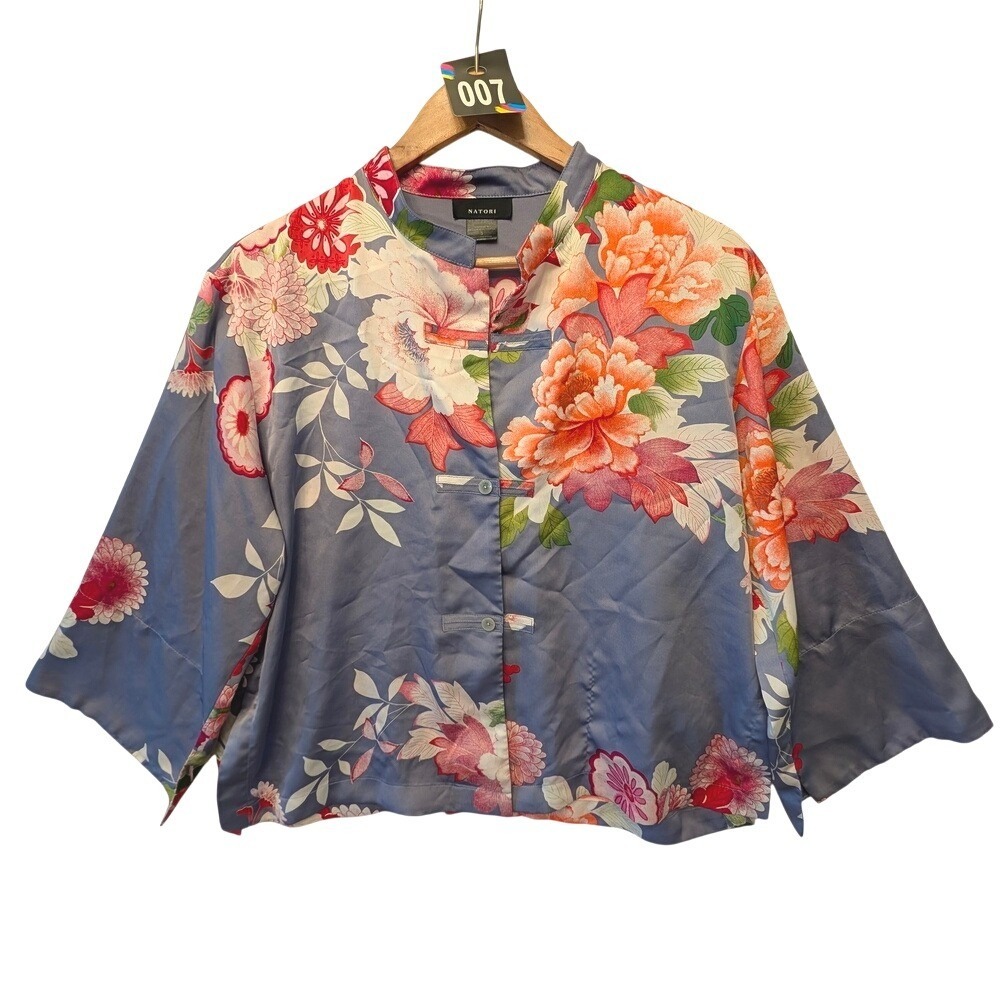 Natori Floral Satin Mandarin Collar Pajama Top Blue Pink Frog Buttons Small